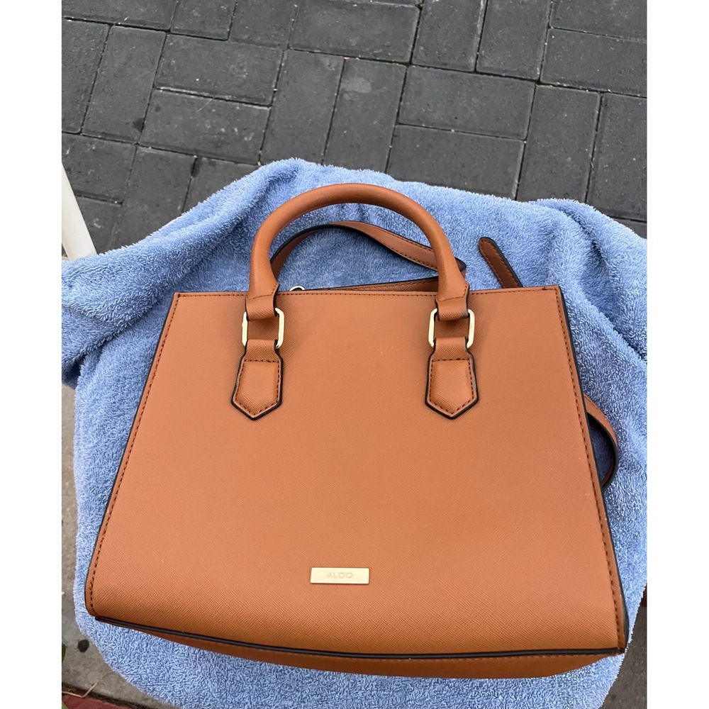 Aldo Cognac Brown Saffiano Faux Leather Satchel Crossbody Bag Gold Hardware